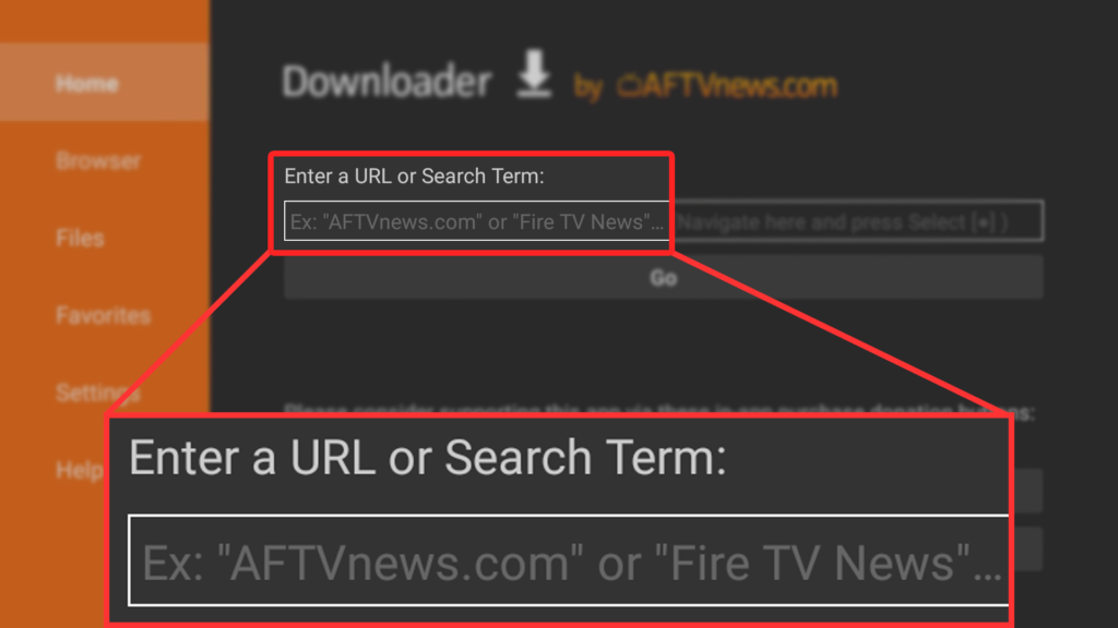 Downloader App Search bar, where to enter Downloader code for XCIPTV
